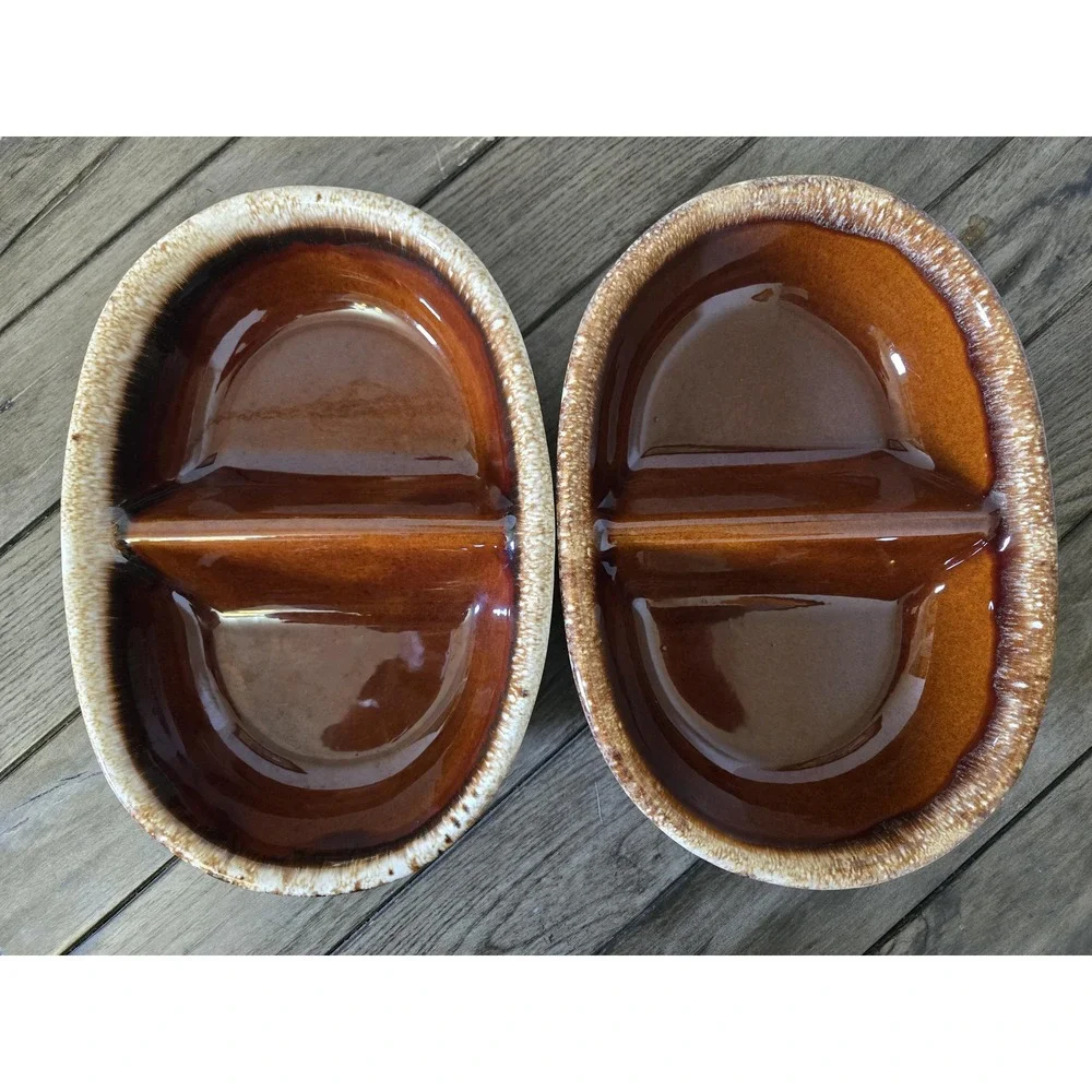 Set Of 2 Divided Oval Serving Dish Hull Oven Proof HP Co. Brown Drip Glaze 11